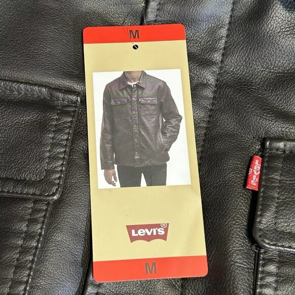Levi’s Men's Faux Leather Trucker Jacket Size M Dark Brown Warm Sherpa Lining - Picture 9 of 10